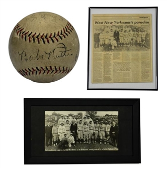 Babe Ruth & Lou Gehrig Signed Baseball and Original  Photograph With Newspaper from Barnstorming Tour(3 Items) 